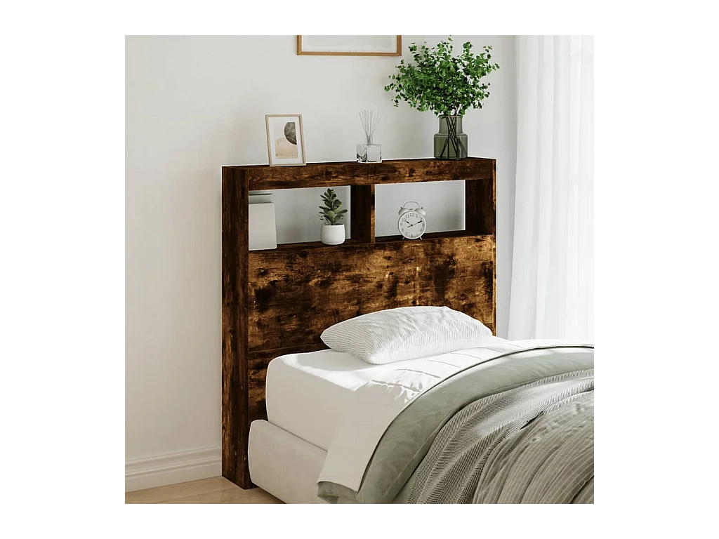 Cabecero de Cama | Cabezal de cama | Mueble de cabecero con luz LED roble ahumado 100x17x102 cm