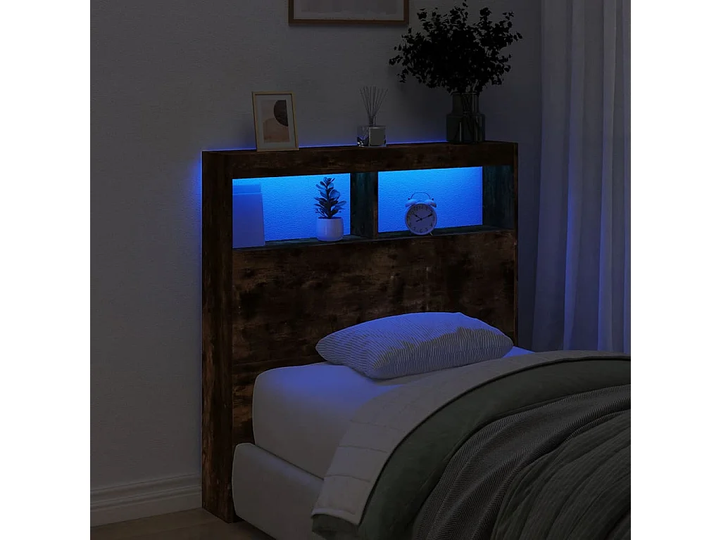 Tête de Lit avec rangement | Armoire de tête de lit avec LED chêne fumé 100x17x102 cm