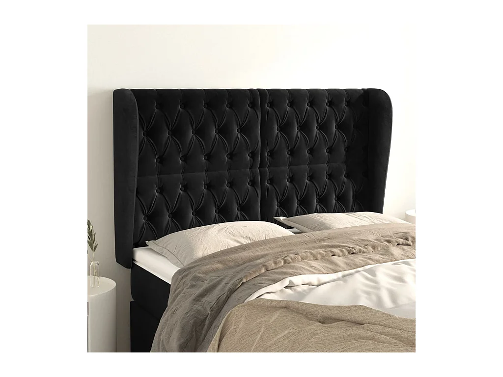 Cabecero | Cabezal de Cama | Mueble cabecero con orejas de terciopelo negro 147x23x118/128 cm