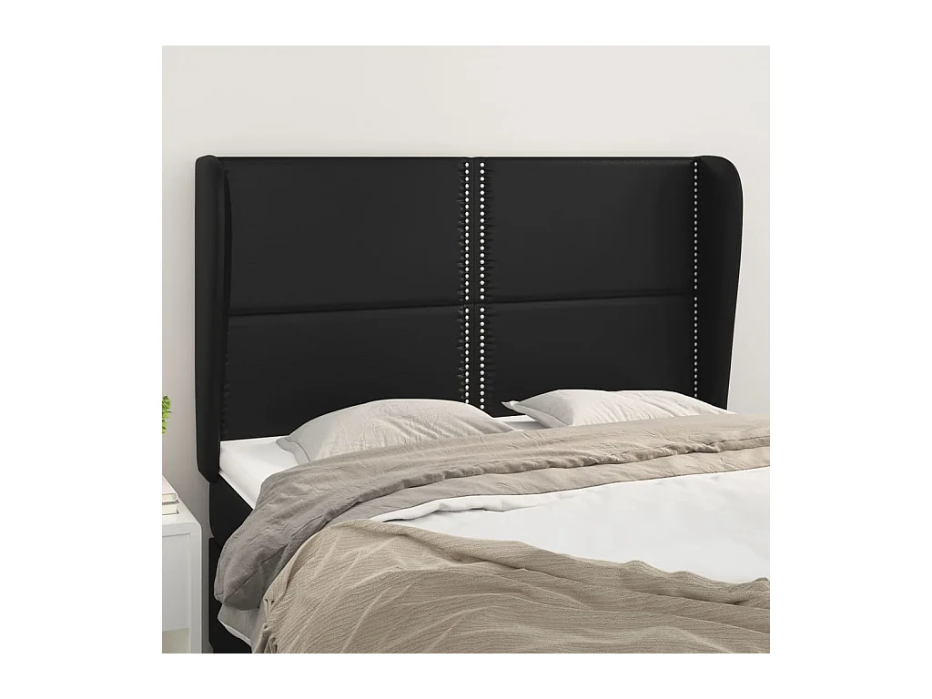 Cabecero | Cabezal de Cama | Mueble cabecero con orejas de cuero sintético negro 147x23x118/128 cm