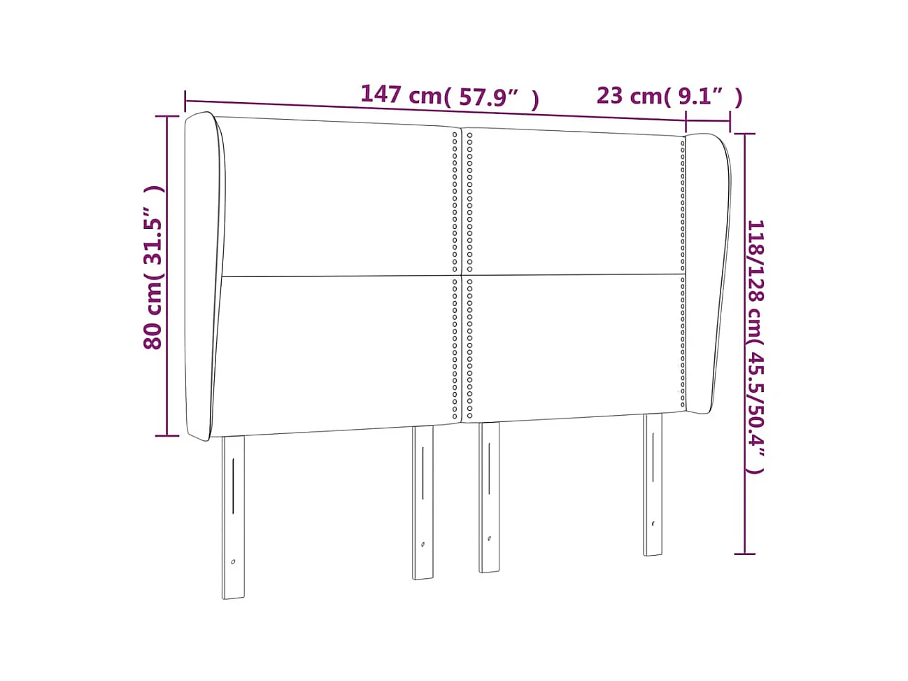 Cabecero | Cabezal de Cama | Mueble cabecero con orejas de cuero sintético negro 147x23x118/128 cm