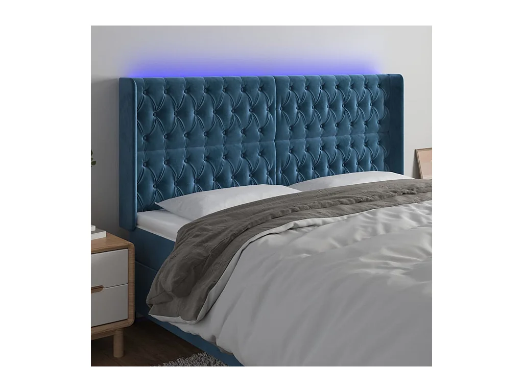 Tête de Lit | Panneau de tête pour lit Moderne à LED Bleu foncé 183x16x118/128 cm Velours
