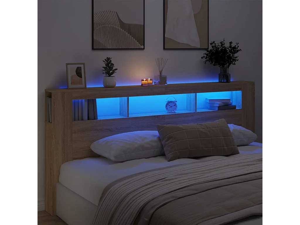 Mueble cabecero | Cabecero | Cabezal de cama LED madera ingeniería roble Sonoma 220x18,5x103,5 cm