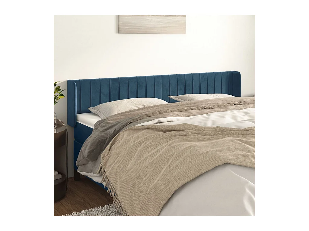 Tête de Lit | Panneau de tête pour lit Moderne avec oreilles Bleu foncé 203x16x78/88 cm Velours
