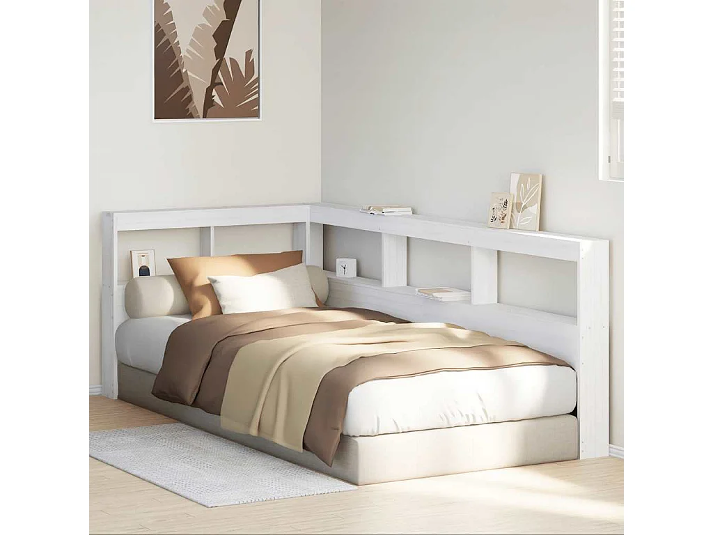 Mueble cabecero | Cabecero | Cabezal de cama librería en forma L madera maciza pino blanco 80 cm