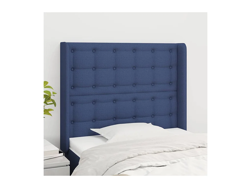 Cabecero | Cabezal de Cama | Mueble cabecero con orejas de tela azul 103x16x118/128 cm
