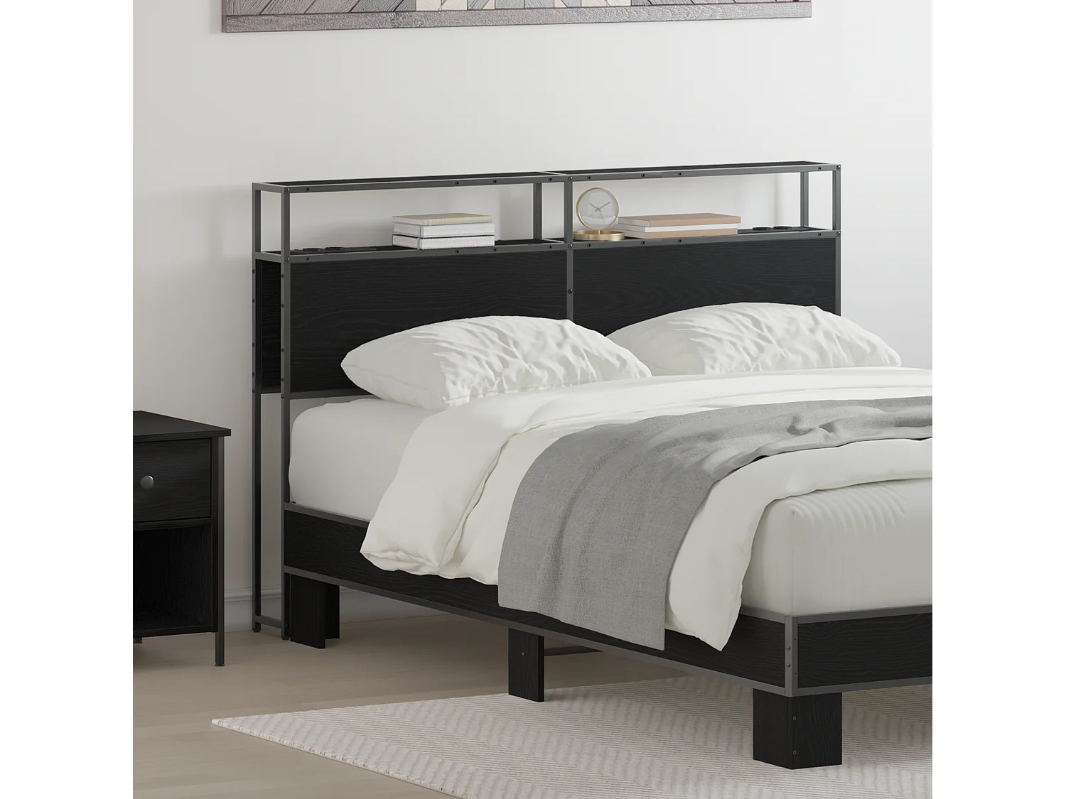 Mueble cabecero con almacenamiento | Cabecera de almacenamiento con estante Roble negro 150 cm