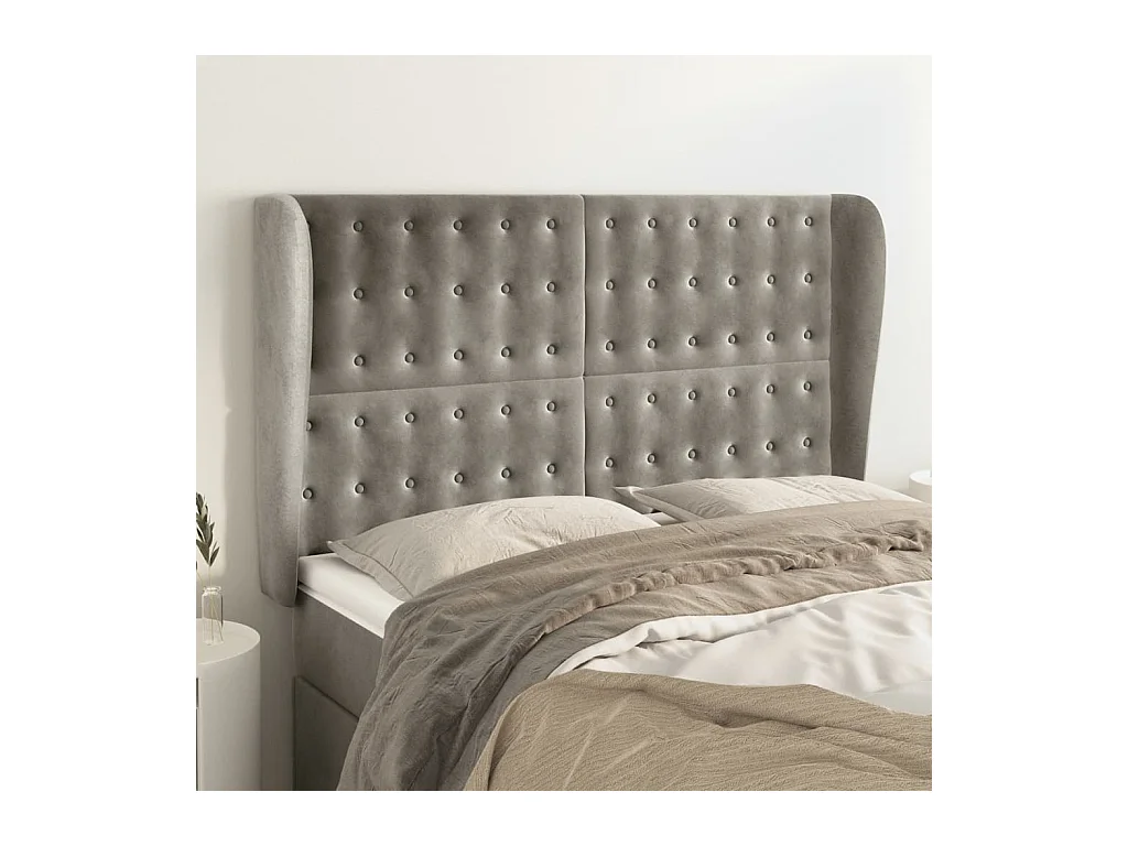 Cabecero | Cabezal de Cama | Mueble cabecero con orejas de terciopelo gris claro 147x23x118/128 cm