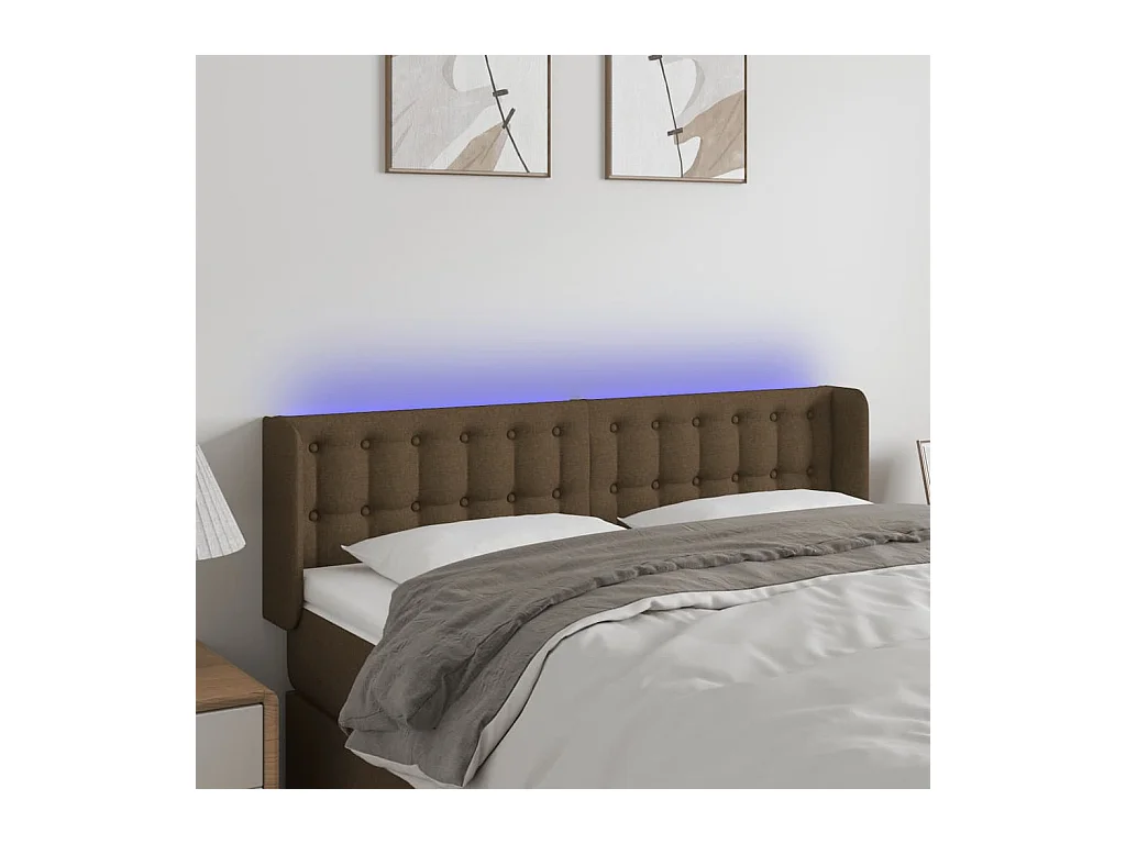 Mueble cabecero | Cabezal de cama | Cabecero con LED de tela marrón oscuro 147x16x78/88 cm