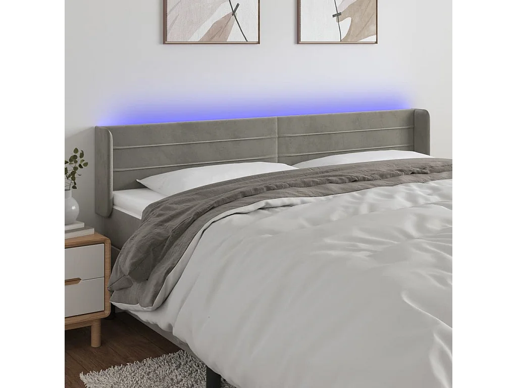 Tête de Lit | Panneau de tête pour lit Moderne à LED Gris clair 183x16x78/88 cm Velours