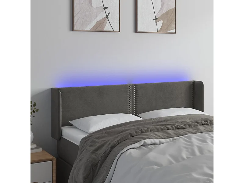 Tête de Lit | Panneau de tête pour lit Moderne à LED Gris foncé 147x16x78/88 cm Velours
