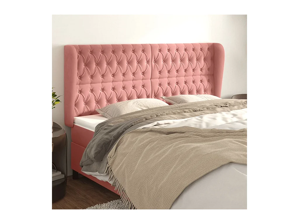 Cabecero | Cabezal de Cama | Mueble cabecero con orejas de terciopelo rosa 183x23x118/128 cm