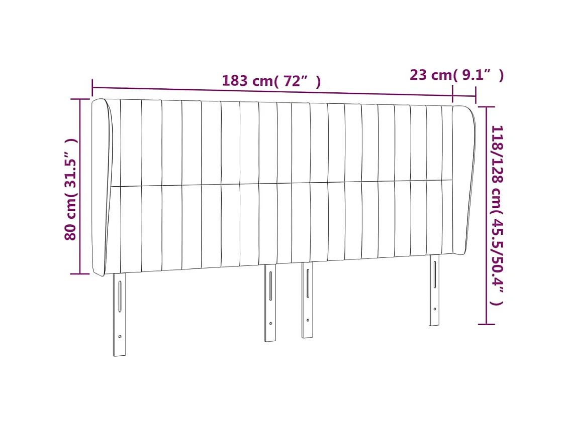 Cabecero | Cabezal de Cama | Mueble cabecero con orejas de tela negro 183x23x118/128 cm