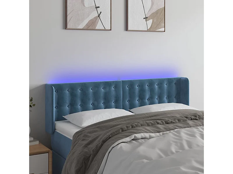 Cabecero | Cabezal de Cama | Mueble cabecero con LED de terciopelo azul oscuro 147x16x78/88 cm