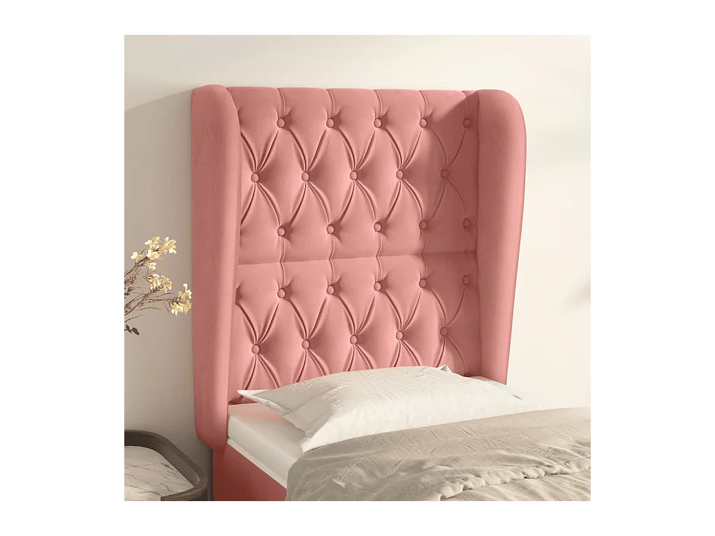 Cabecero | Cabezal de Cama | Mueble cabecero con orejas de terciopelo rosa 83x23x118/128 cm