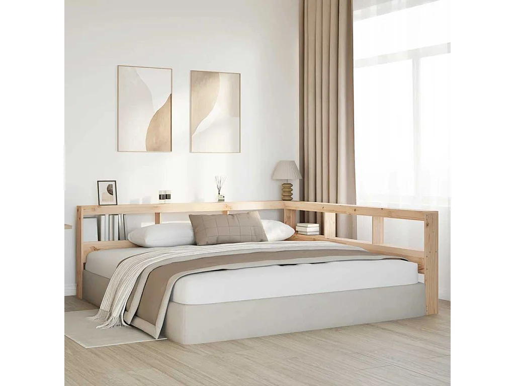 Mueble cabecero | Cabecero | Cabezal de cama librería en forma de L madera maciza de pino 200 cm