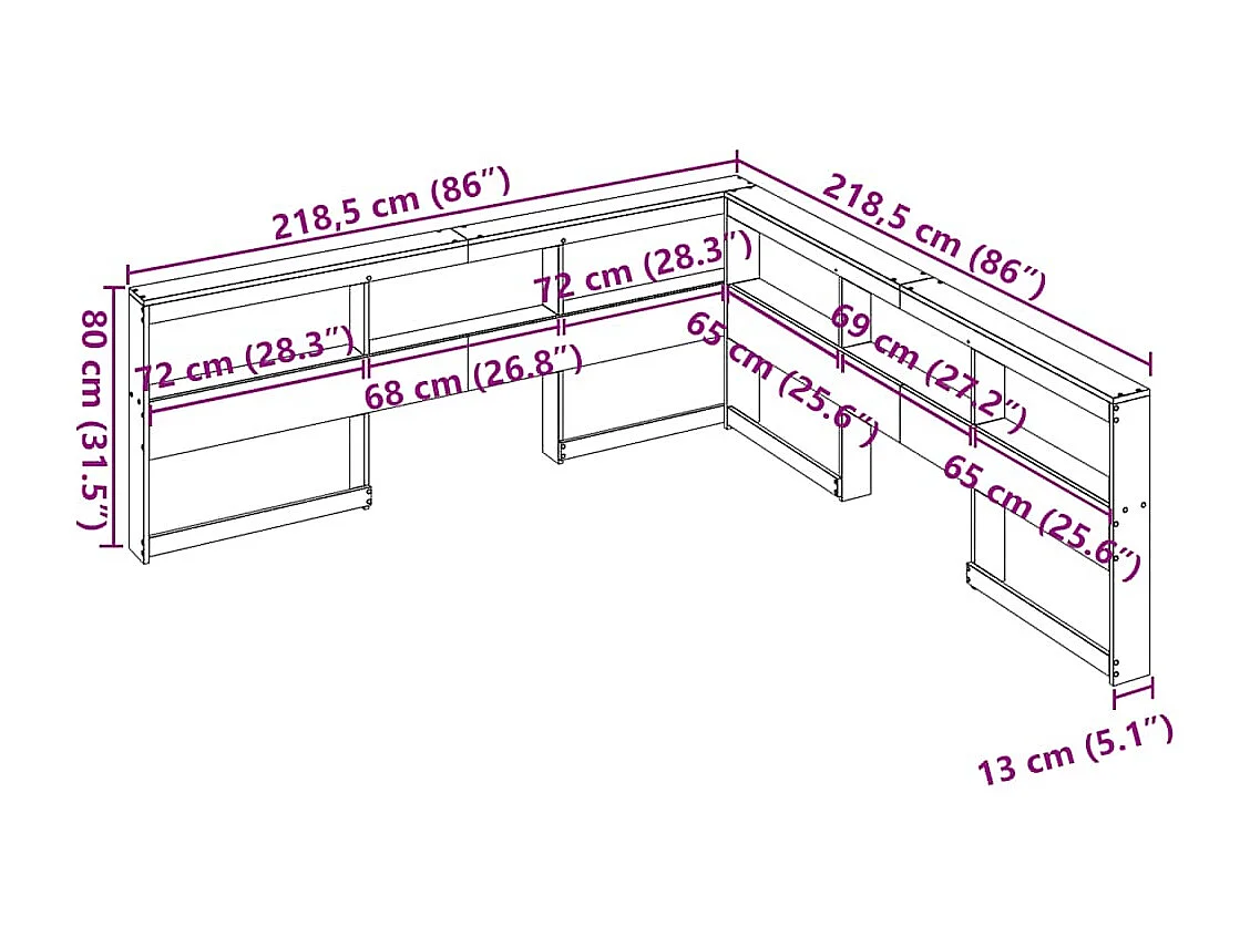 Mueble cabecero | Cabecero | Cabezal de cama librería en forma de L madera maciza de pino 200 cm