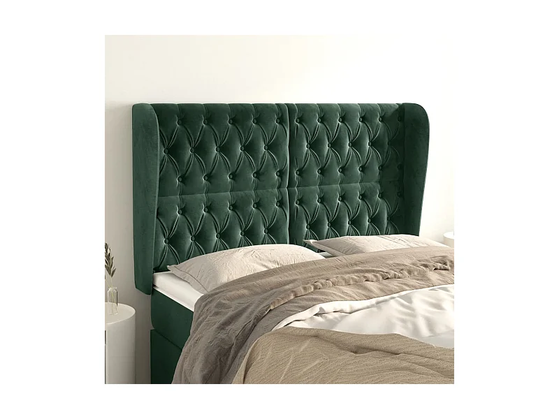 Tête de Lit | Panneau de tête pour lit Moderne avec oreilles Vert foncé 163x23x118/128 cm Velours