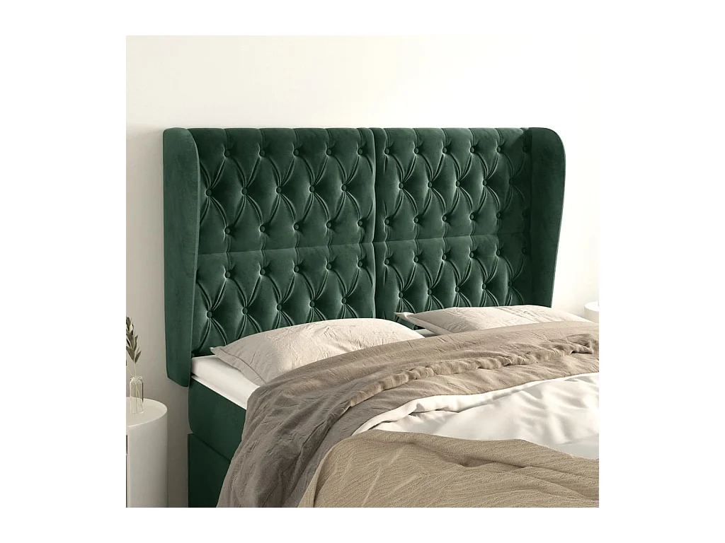 Tête de Lit | Panneau de tête pour lit Moderne avec oreilles Vert foncé 163x23x118/128 cm Velours