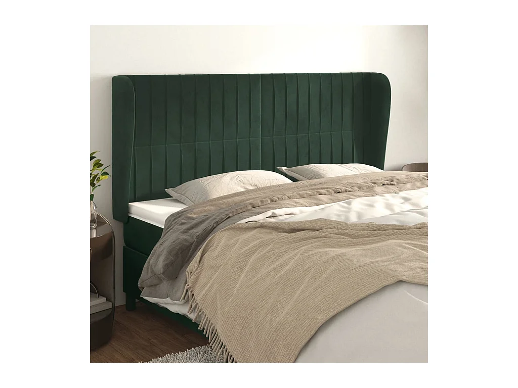 Tête de Lit | Panneau de tête pour lit Moderne avec oreilles Vert foncé 163x23x118/128 cm Velours