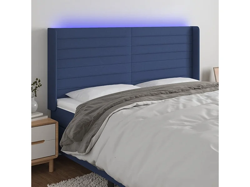 Mueble cabecero | Cabezal de cama | Cabecero con LED de tela azul 163x16x118/128 cm