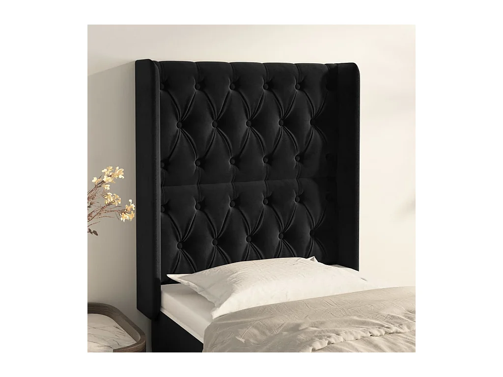 Cabecero | Cabezal de Cama | Mueble cabecero con orejas de terciopelo negro 83x16x118/128 cm