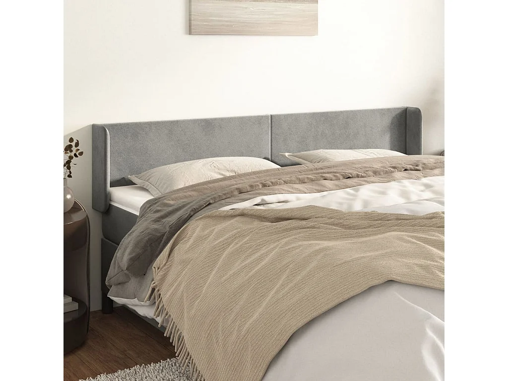 Tête de Lit | Panneau de tête pour lit Moderne avec oreilles Gris clair 203x16x78/88 cm Velours