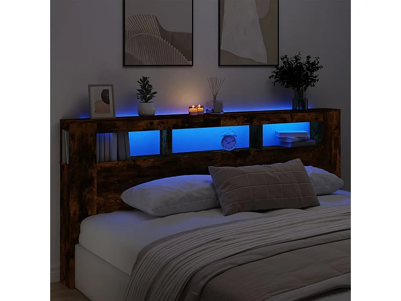 Tête de Lit | Panneau de tête pour lit Moderne à LED chêne fumé 220x18,5x103,5cm bois d'ingénierie
