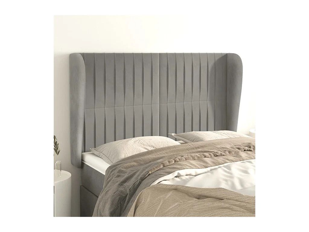 Cabecero | Cabezal de Cama | Mueble cabecero con orejas de terciopelo gris claro 147x23x118/128 cm