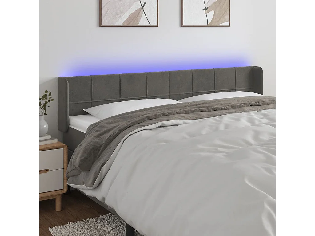 Tête de Lit | Panneau de tête pour lit Moderne à LED Gris foncé 183x16x78/88 cm Velours