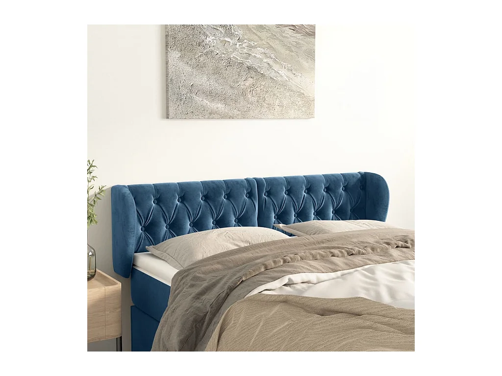 Tête de Lit | Panneau de tête pour lit Moderne avec oreilles Bleu foncé 163x23x78/88 cm Velours