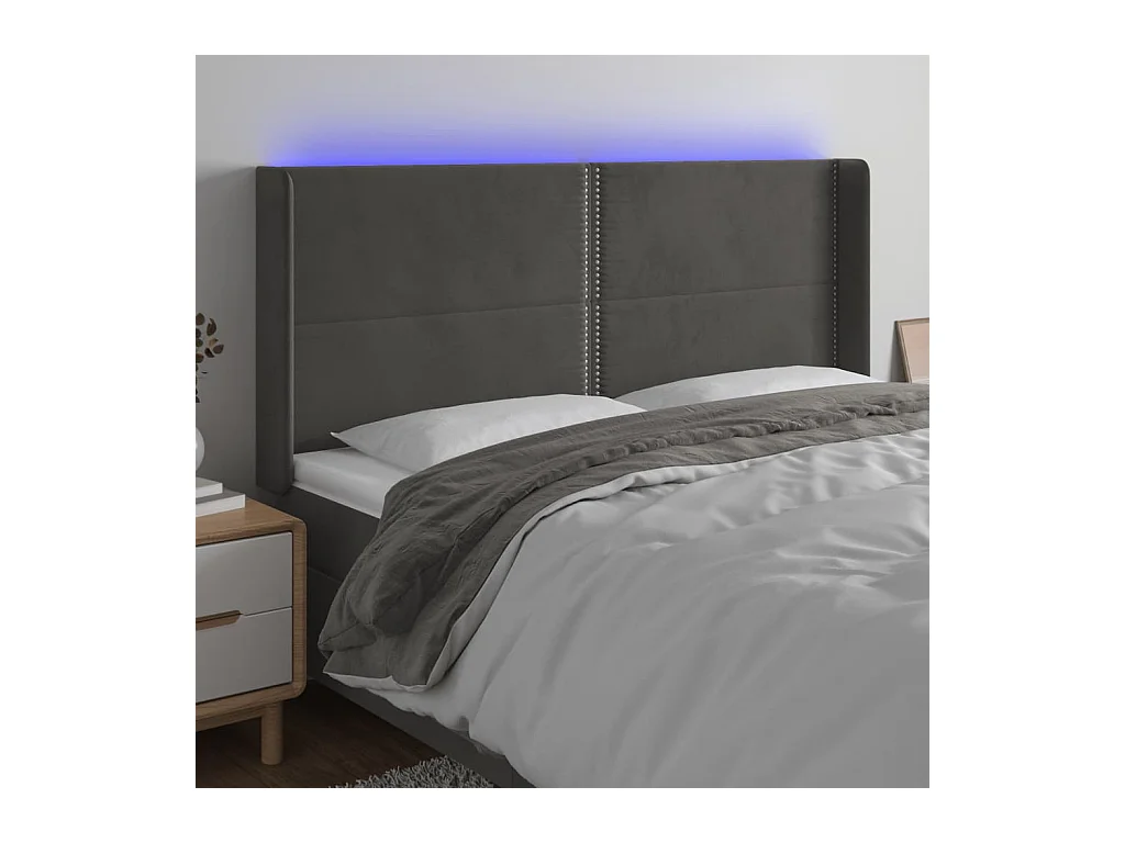 Cabecero | Cabezal de Cama | Mueble cabecero con LED de terciopelo gris oscuro 183x16x118/128 cm