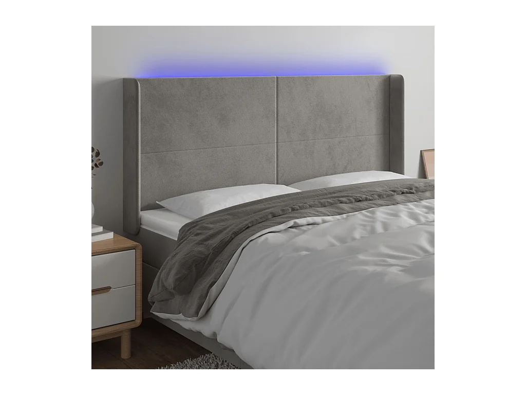 Tête de Lit | Panneau de tête pour lit Moderne à LED Gris clair 183x16x118/128 cm Velours