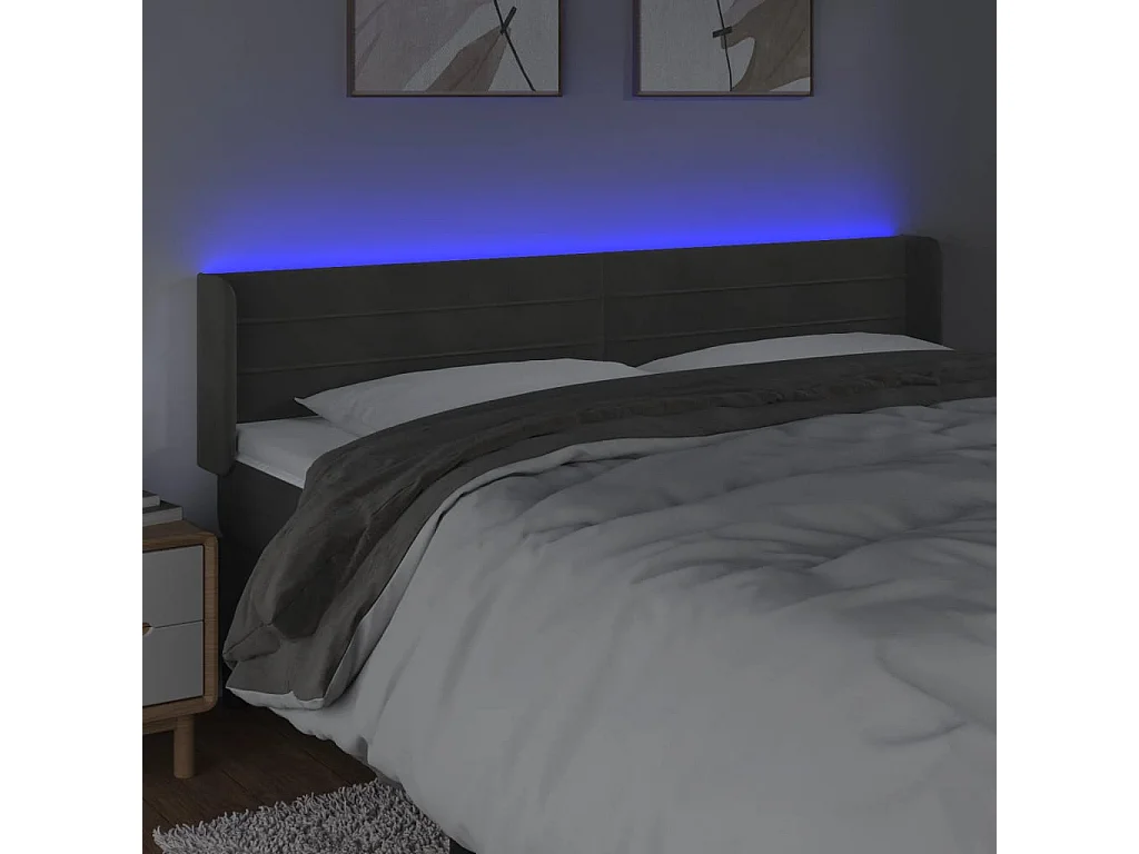 Tête de Lit | Panneau de tête pour lit Moderne à LED Gris foncé 163x16x78/88 cm Velours