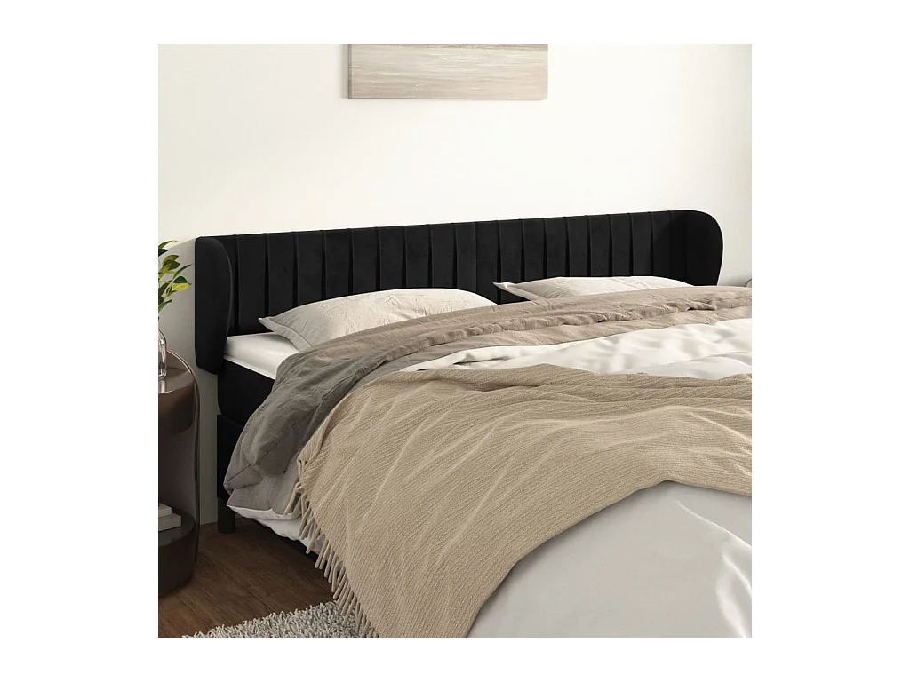 Tête de Lit | Panneau de tête pour lit Moderne avec oreilles Noir 163x23x78/88 cm Velours