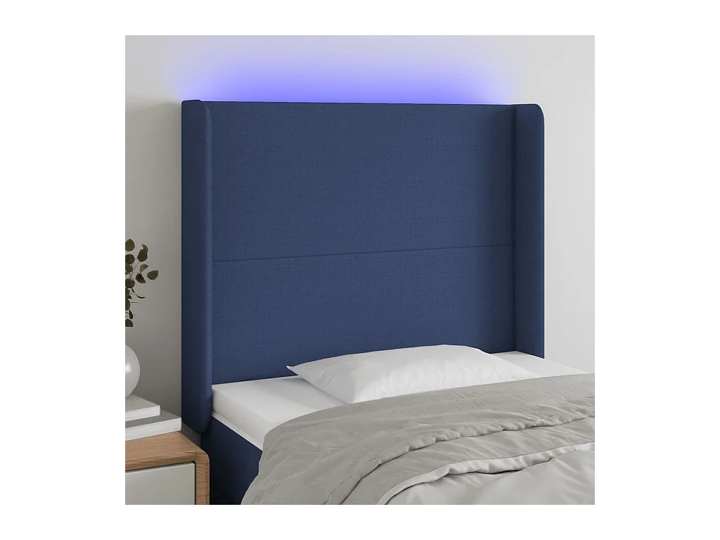 Mueble cabecero | Cabezal de cama | Cabecero con LED de tela azul 83x16x118/128 cm