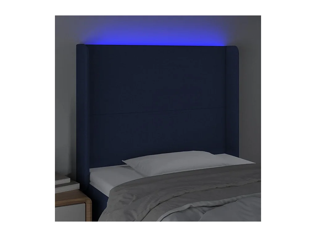 Mueble cabecero | Cabezal de cama | Cabecero con LED de tela azul 83x16x118/128 cm