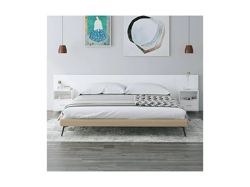 Cabecero de Cama | Cabezal de cama | Mueble de cabecero con mesitas madera contrachapada blanco