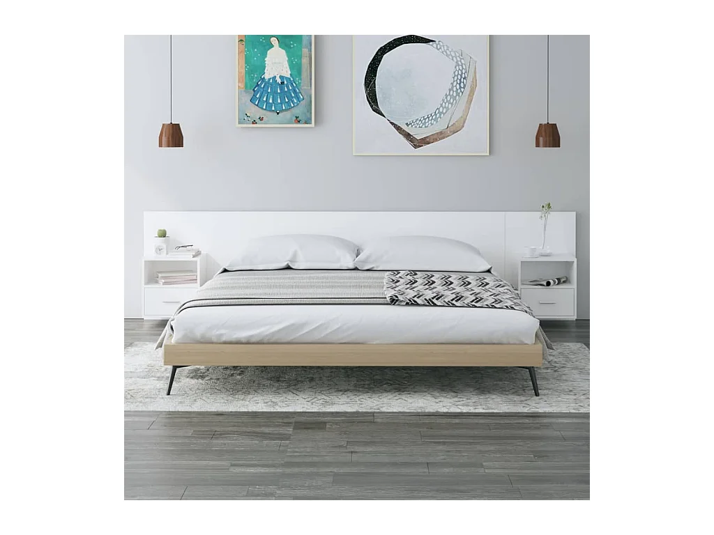 Cabecero de Cama | Cabezal de cama | Mueble de cabecero con mesitas madera contrachapada blanco