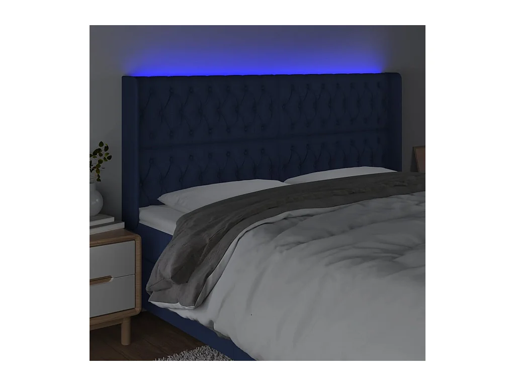 Mueble cabecero | Cabezal de cama | Cabecero con LED de tela azul 183x16x118/128 cm