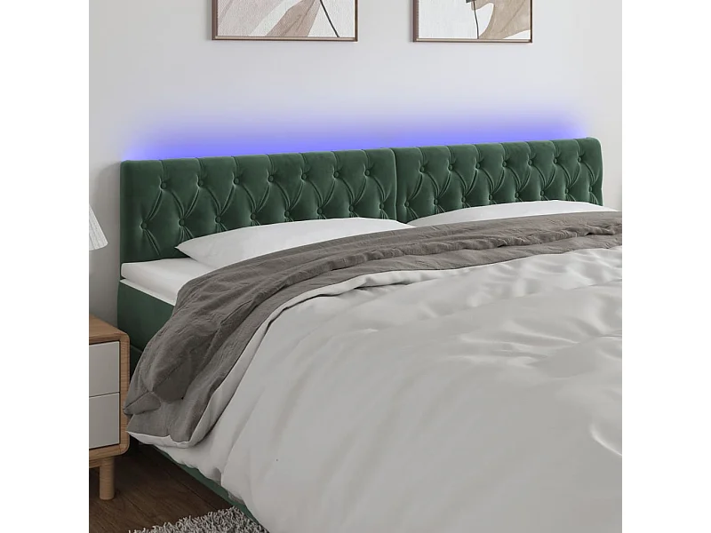 Tête de Lit | Panneau de tête pour lit Moderne à LED Vert foncé 200x7x78/88 cm Velours