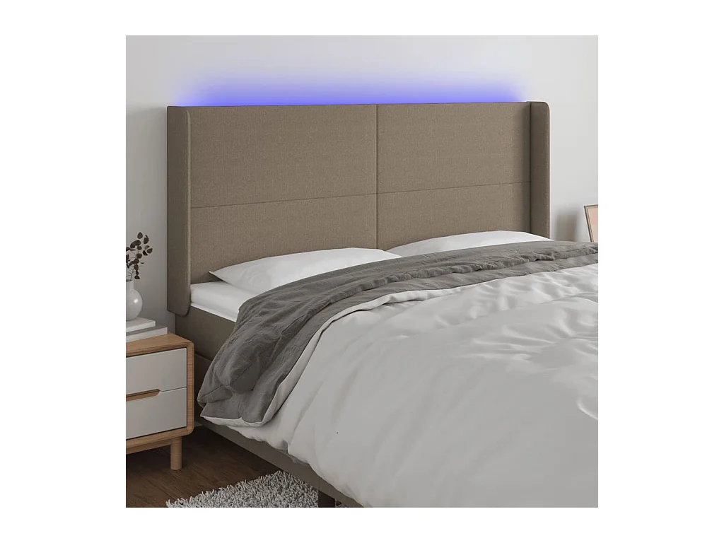 Mueble cabecero | Cabezal de cama | Cabecero con LED de tela gris taupe 203x16x118/128 cm