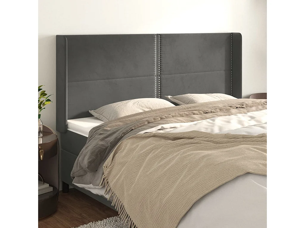 Tête de Lit | Panneau de tête pour lit Moderne avec oreilles Gris foncé 203x16x118/128 cm Velours