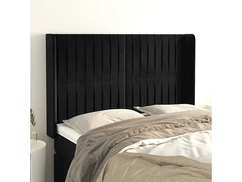 Cabecero | Cabezal de Cama | Mueble cabecero con orejas de terciopelo negro 147x16x118/128 cm