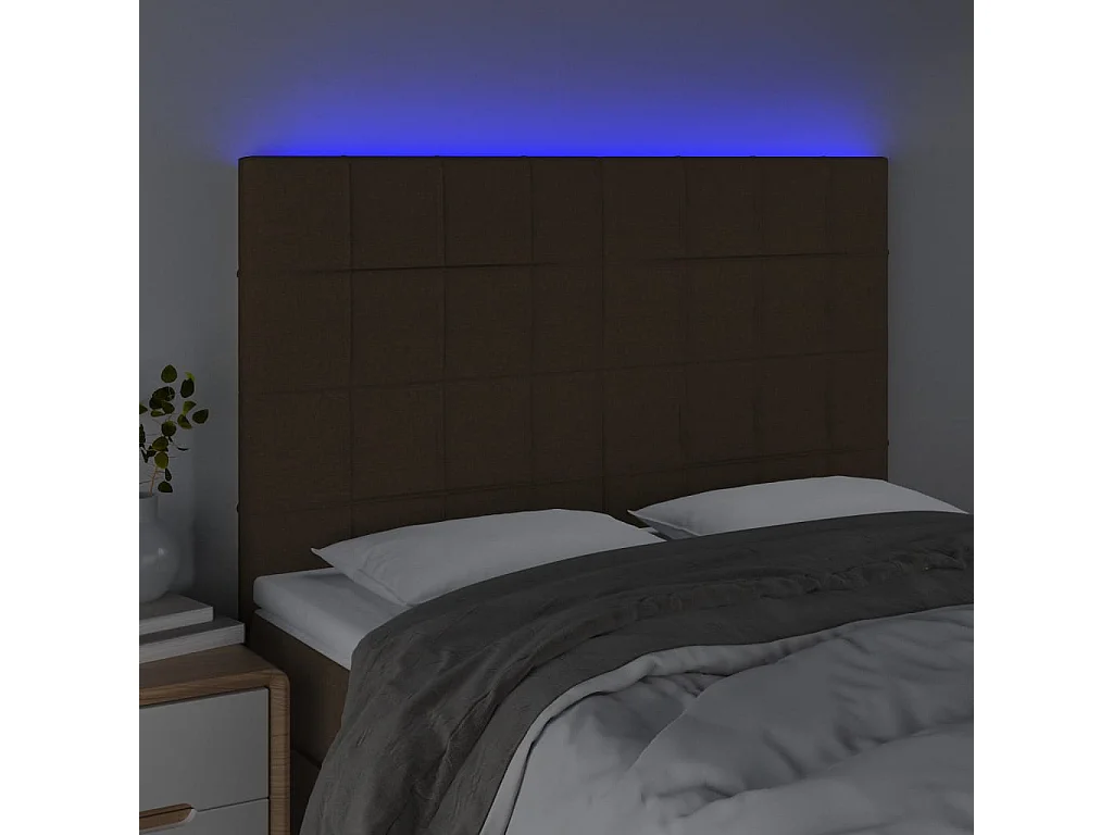 Cabecero | Cabezal de Cama | Mueble cabecero con luces LED tela marrón oscuro 144x5x118/128 cm