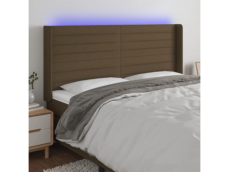 Mueble cabecero | Cabezal de cama | Cabecero con LED de tela marrón oscuro 203x16x118/128 cm