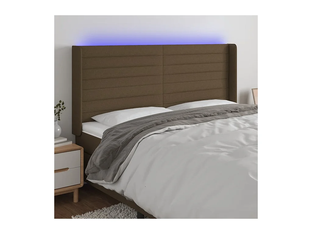 Mueble cabecero | Cabezal de cama | Cabecero con LED de tela marrón oscuro 203x16x118/128 cm