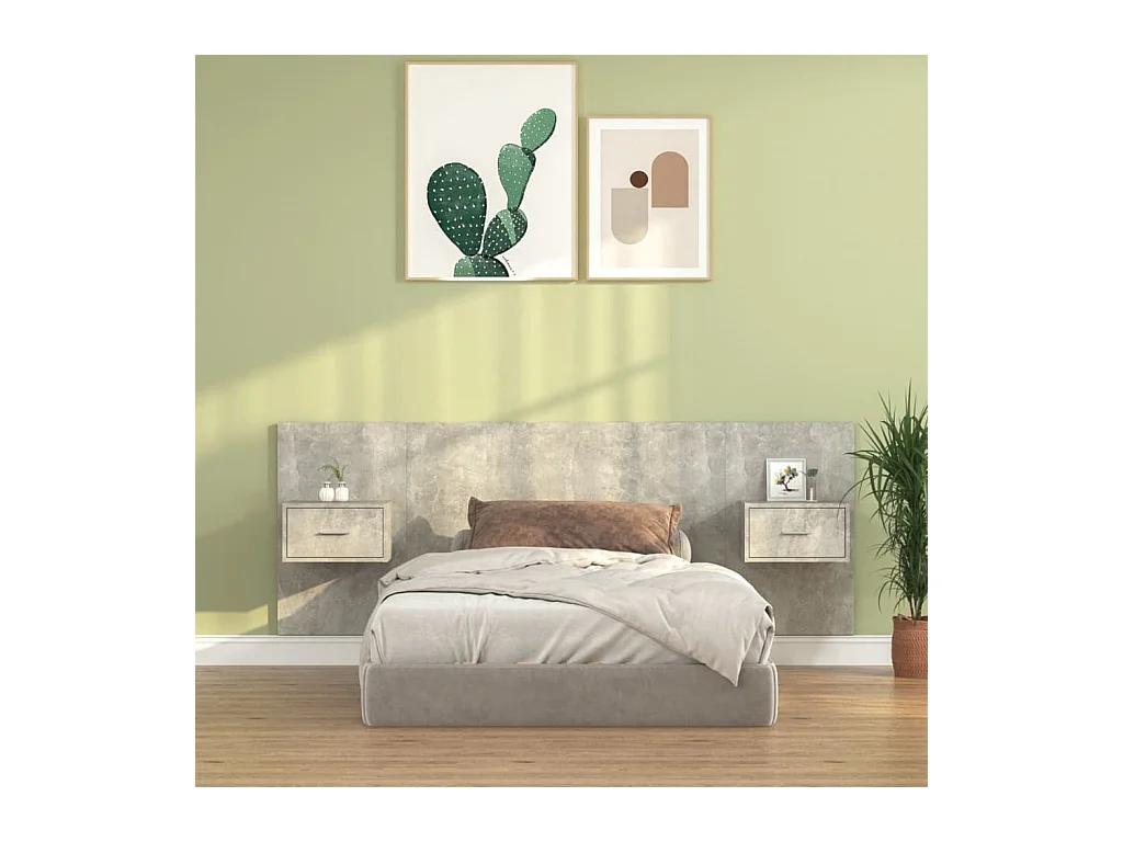 Cabecero de Cama | Cabezal de cama | Mueble de cabecero con mesitas madera contrachapada gris hormigón