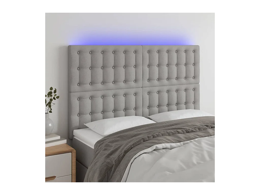 Cabecero | Cabezal de Cama | Mueble cabecero con luces LED tela gris claro 144x5x118/128 cm