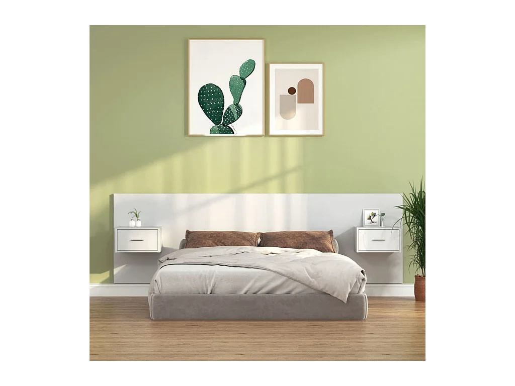 Cabecero de Cama | Cabezal de cama | Mueble de cabecero con mesitas madera contrachapada blanco